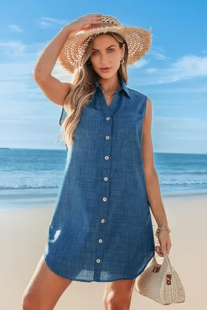 Cupshe Indigoblaues ärmelloses Mini-Strandkleid mit Kragen