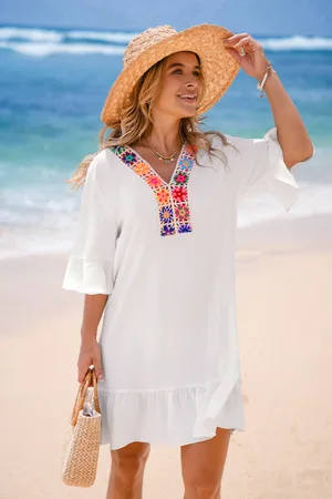 Cupshe Weißes Mini-Strandkleid mit Halbärmeln und Häkelbesatz