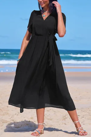 Cupshe Schwarzes Midi-Wickel-Strandkleid mit Taillenband