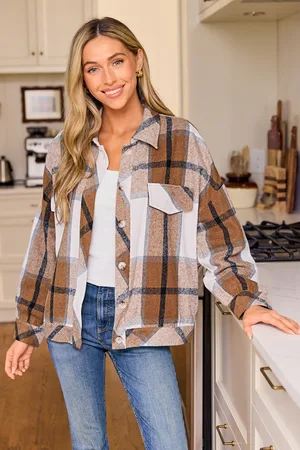 Cupshe Braun karierte Jacke mit Kragen und Knopfleiste