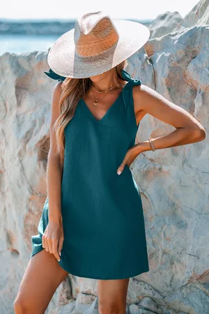 Cupshe Blaues V-Ausschnitt Ärmelloses Mini-Baumwollkleid