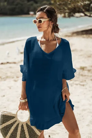Cupshe Marinefarbenes Halbarrm Mini-Strandkleid