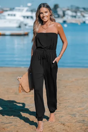 Cupshe Schwarzer Ärmelloser Strick-Bandeau-Jumpsuit