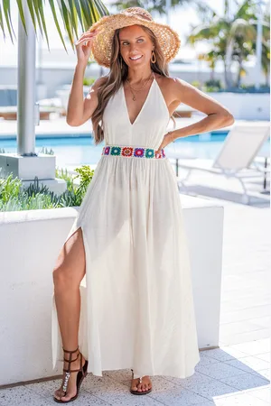 Cupshe Beiges Ärmelloses V-Ausschnitt Midi-Strandkleid
