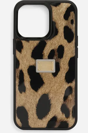 Dolce & Gabbana Cover für iPhone 14 Pro aus glänzendem Kalbsleder mit Leopardenmuster-Aufdruck