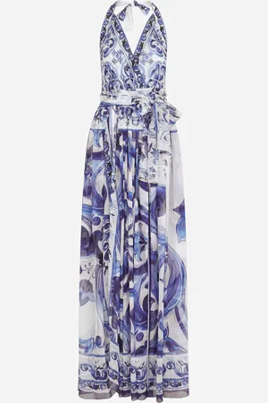 Dolce & Gabbana Langes ärmelloses Kleid aus Chiffon Majolika-Print