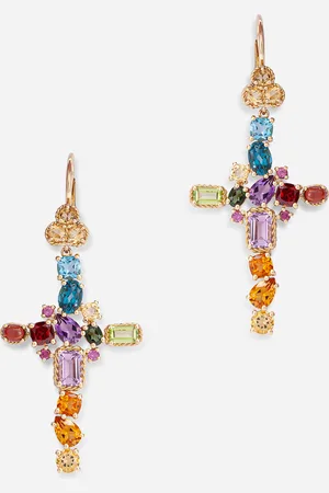 Dolce & Gabbana Ohrringe Rainbow alphabet Kreuz aus gelbgold mit mehrfarbigen edelsteinen