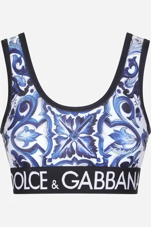 Dolce & Gabbana Top aus Jersey Majolika-Print mit Logo-Gummiband