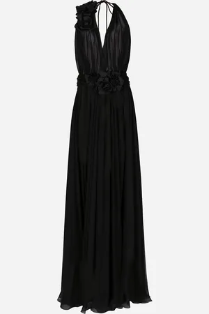 Dolce & Gabbana Langes Kleid aus Seidenchiffon mit Blumenapplikationen