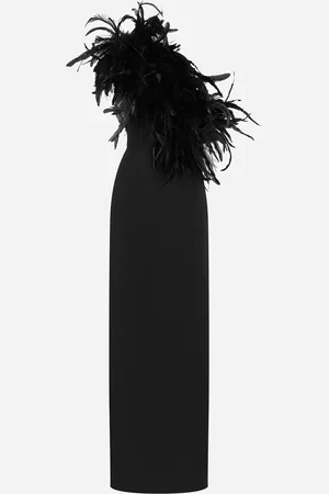 Dolce & Gabbana Langes One-Shoulder-Kleid aus elastischem Cady mit Ausschnitt aus Federn
