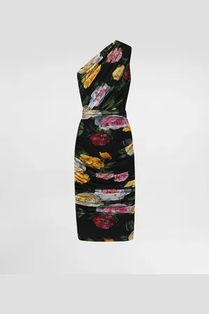 Dolce & Gabbana Longuette-Kleid im One-Shoulder-Stil aus Tüll Pfingstrosen- und Rosenprint