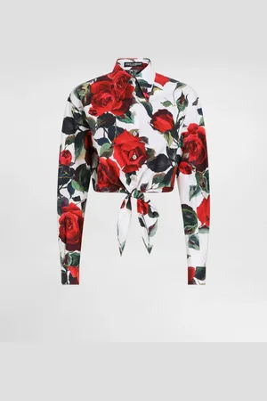 Dolce & Gabbana Kurze Bluse mit Schleife aus Baumwolle Rosenprint