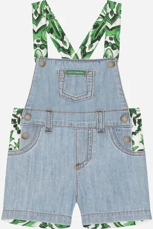 Dolce & Gabbana Jeanslatzhose aus Popeline mit grünem Majolika-Print
