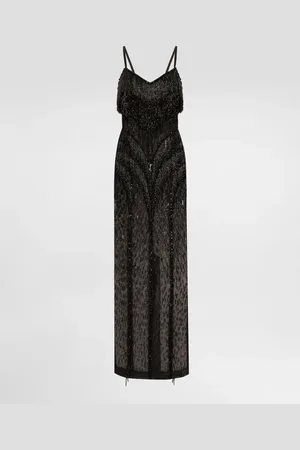 Dolce & Gabbana Langes Kleid aus Marquisette mit Paillettenfransen-Stickerei