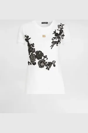 Dolce & Gabbana T-Shirt aus Jersey mit Details aus Spitze und DG-Logo-Pin