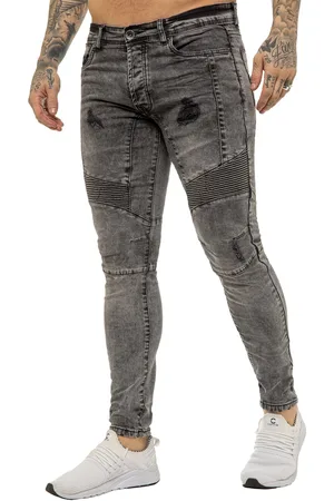 Enzo | Mens Skinny Stretch Biker Denim Jeans - Black Acid