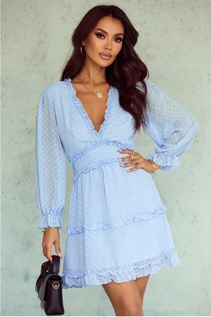 Azura Exchange Damen-Minikleid mit gerüschtem Lagenmuster, offenem Rücken, Puffärmeln und Schweizer Punkten in