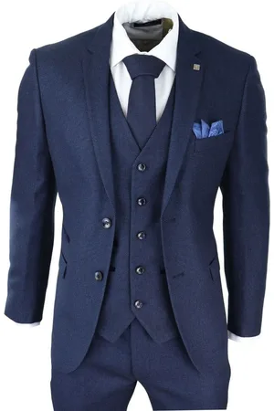 PAUL ANDREW 3-teiliger klassischer Herrenanzug aus marineblauem Birdseye-Tweed