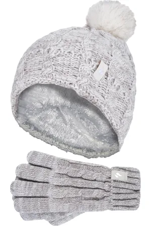 Heat Holders Wärmehalter - Set aus Bommelmütze und Handschuhen für Mädchen | Mütze mit umgeschlagener Manschette und Kabelstrickhandschuhe - Haferflocken-Twist
