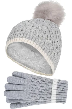 Heat Holders Thermoisolierte Pom Pom Bommelmütze und Handschuhe für Mädchen | Bunte Pastellfarben - Wolkengrau