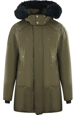 Moose Knuckles Stage Lake Parka-Daunenjacke mit schwarzem Besatz und grüner Farbe