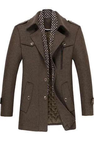 Allthemen Herren Winter Verdickter Einfarbiger Revers Lässiger Wollmantel mit Gestreiftem Kragen Kamelbraun