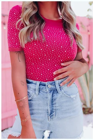 Azura Exchange Damen-Bodysuit mit Strassverzierung und kurzen Ärmeln in Rosa