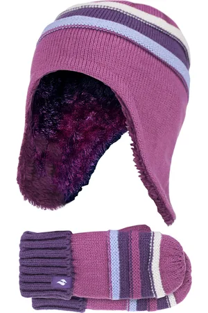 Heat Holders Wärmehalter - Mädchen Winter Warm Pom Pom Bobble Beanie Mütze und Handschuhe Set - Violett
