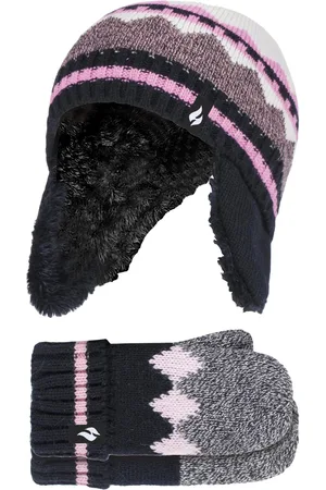 Heat Holders Wärmehalter - Girls Nordic Pattern Fairisle Design Trappermütze mit Pom Pom und Fäustlinge Handschuhe Set