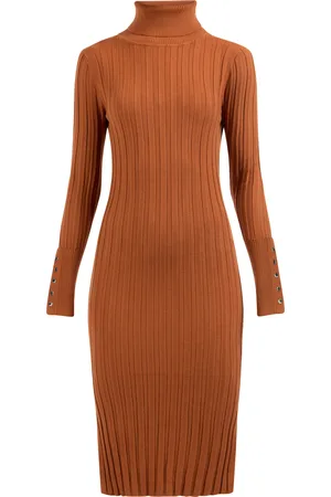 Dreimaster Strick Langarmkleid midi Damen Rostbraun