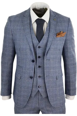 PAUL ANDREW 3-teiliger Herren-Anzug im Vintage-Retro-Stil mit Tweed-Karomuster in Blaugrau