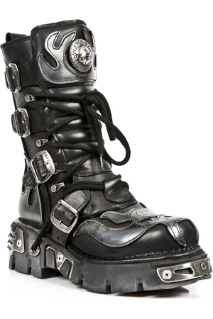 New Rock Flame Biker-Stiefel aus schwarzem/silbernem Leder mit Akzent – ​​107-S2