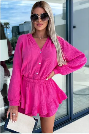 Azura Exchange Damen-Strampelanzug mit Stufendesign, Rüschen und Knöpfen in Rosa