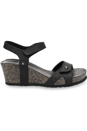 Panama Jack Damen-Sandalen „Julia B1“ aus schwarzem Leder mit Keilabsatz