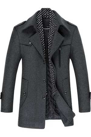 Allthemen Herren Winter Verdickter Einfarbiger Revers Lässiger Wollmantel mit Gestreiftem Kragen