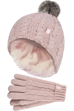 Heat Holders Wärmehalter - Mädchen Bommel Pom Pom Mütze und Handschuhe Set | Turn Over Cuff Hat & Cable Knit Gloves Style - Dusky Pink