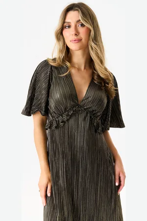 Gini London Schwarzes Metallic Plissee Maxikleid