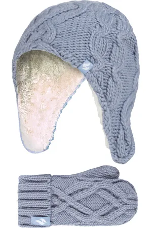 Heat Holders Wärmehalter - Mädchen Majestic Soft Cosy Kabel gestrickt Design Bobble Trapper Hut und Handschuhe Handschuhe Set - Dusty Blue