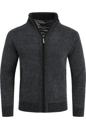 Allthemen Herren-Cardigan mit Rei?verschluss, Stehkragen und gefuttertem Grobstrickpullover dunkelgrauarz