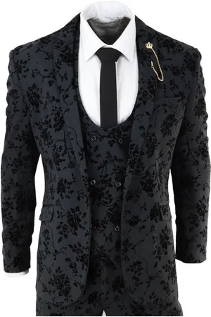 Infinity 3-teiliger Smoking aus schwarzem Samt mit Paisleymuster für Herren