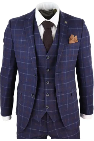 PAUL ANDREW Dreiteiliger marineblauer Wollkaro-Retro-Anzug für Herren