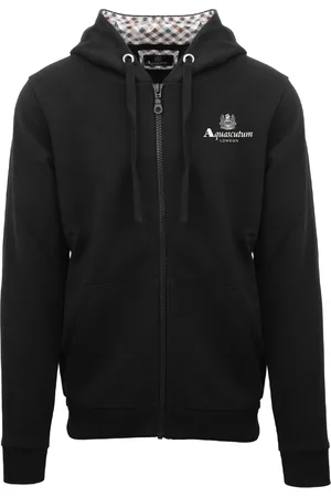 Aquascutum London – Schwarzer Kapuzenpullover mit Reißverschluss und geprägtem Signatur-Logo