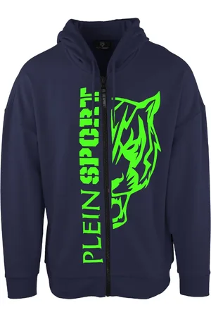 Philipp Plein Kapuzenpullover mit grossem grunem Logo und marineblauem Reissverschluss