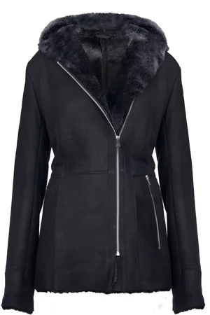 Infinity Schwarze Damen-Jacke aus Merino-Schaffell mit Kapuze, Mandalay