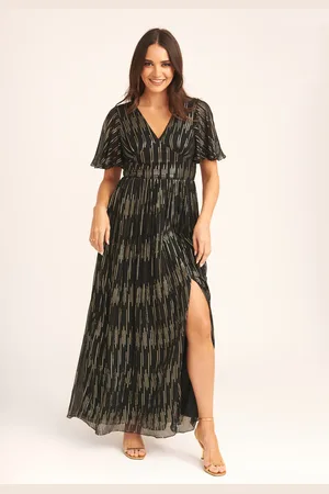 Gini London Gestreiftes Folien-Maxikleid mit Engelsärmeln