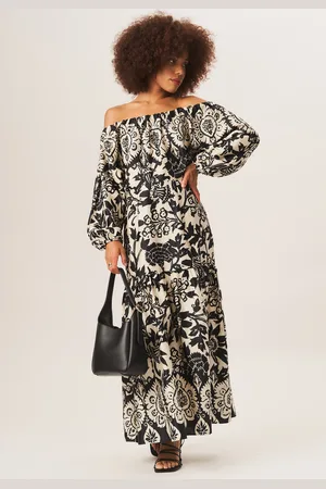 Gini London Bardot-Maxikleid mit einfarbigem Bordürenmuster