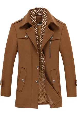 Allthemen Herren Winter Verdickter Einfarbiger Revers Lässiger Wollmantel mit Gestreiftem Kragen