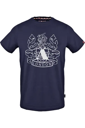 Aquascutum Marineblaues T-Shirt mit grossem Schild und Aldis-Logo