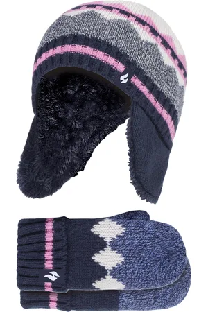 Heat Holders Wärmehalter - Girls Nordic Pattern Fairisle Design Trappermütze mit Pom Pom und Fäustlinge Handschuhe Set - Navy