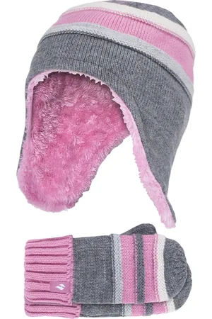 Heat Holders Wärmehalter - Mädchen Winter Warm Pom Pom Bobble Beanie Mütze und Handschuhe Set - Pebble Grey